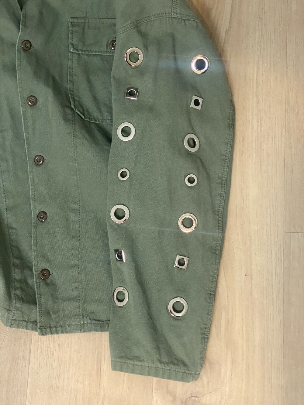 Brooklyn Karma Women Green Shacket Utility Jacket Geometric Grommets Pockets S - Picture 12 of 14